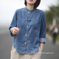 Women Denim Cotton Long-sleeved and Loose-fitting Blouses